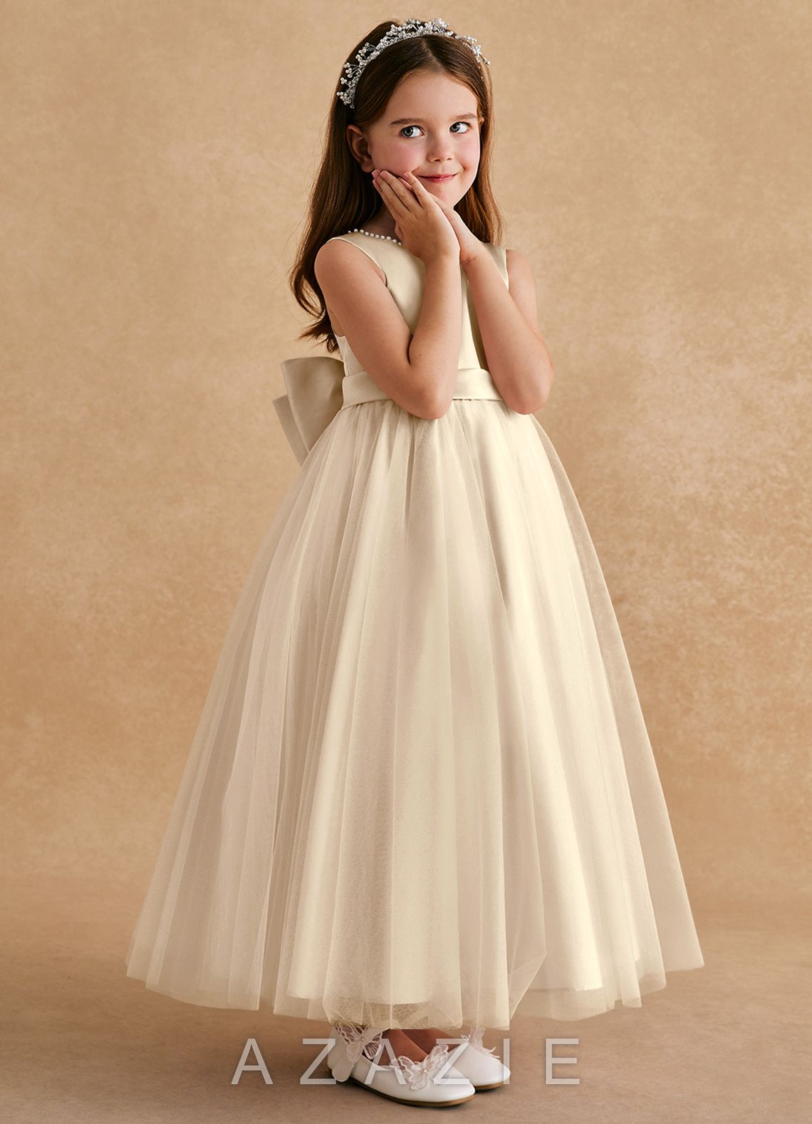 Azazie Cookie Champagne A-Line Bow Tulle Dress champagne