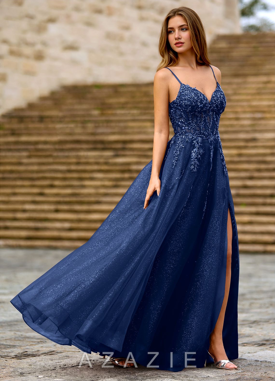 Milliener Navy Tulle Flowers Prom Dress  navy