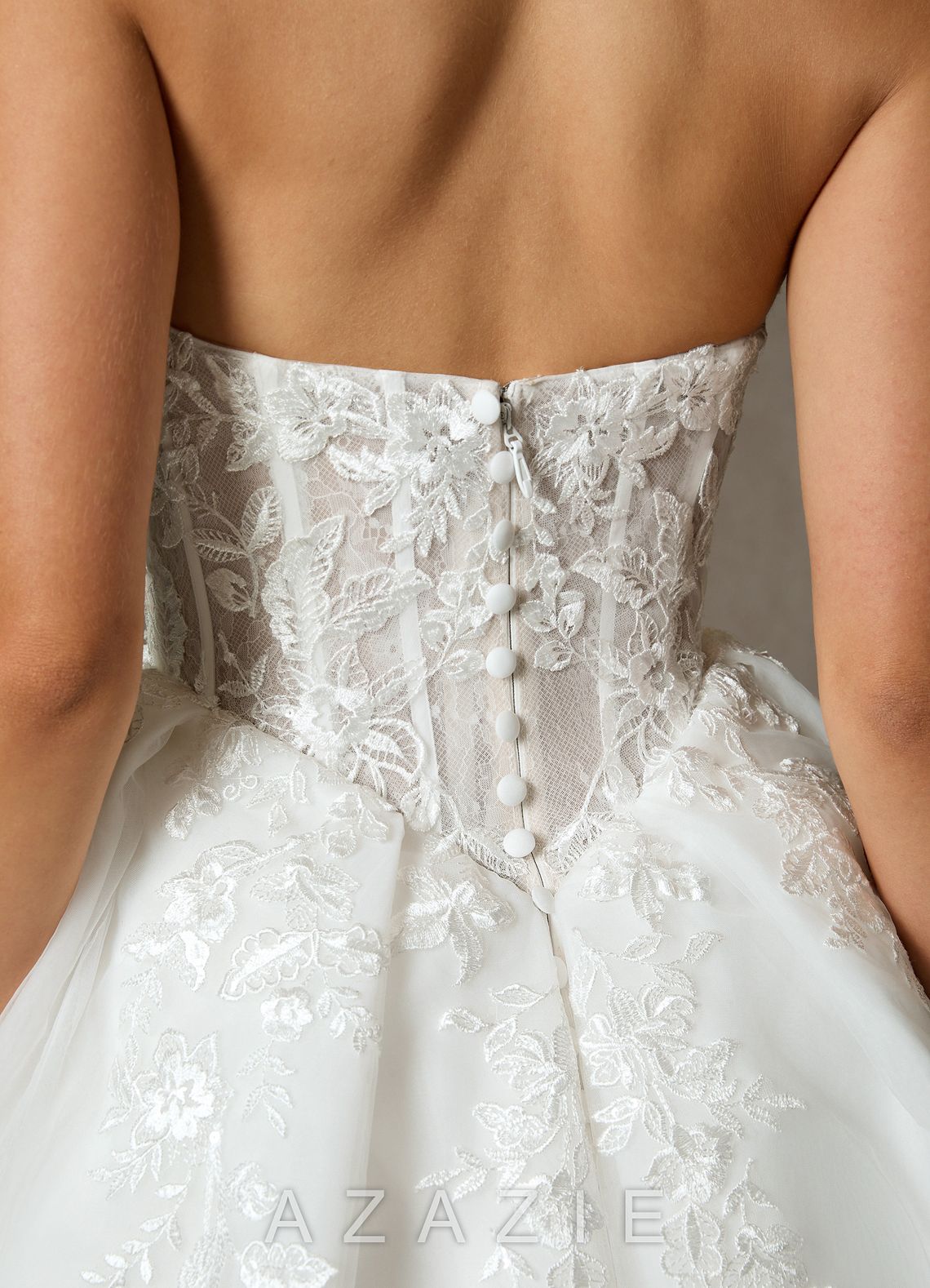 Azazie Ainsley Diamond White Ball-Gown Strapless Lace Dress
