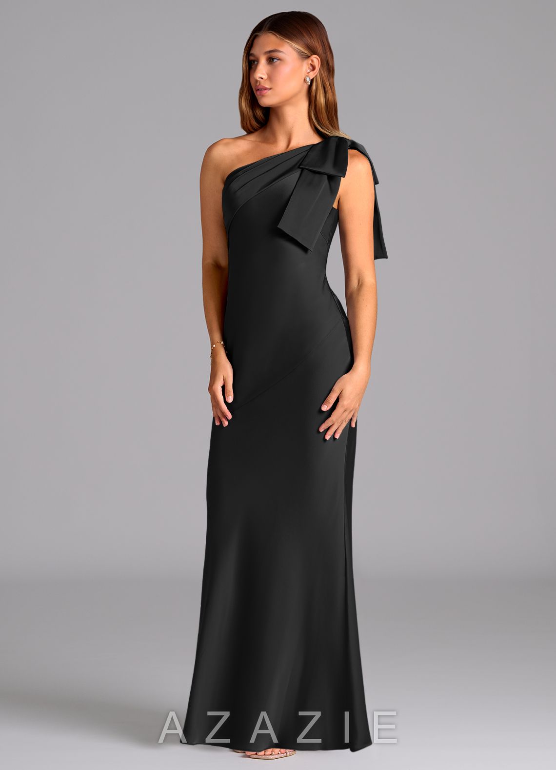 Azazie Yuanna Black Mermaid One Shoulder Stretch Satin Dress black