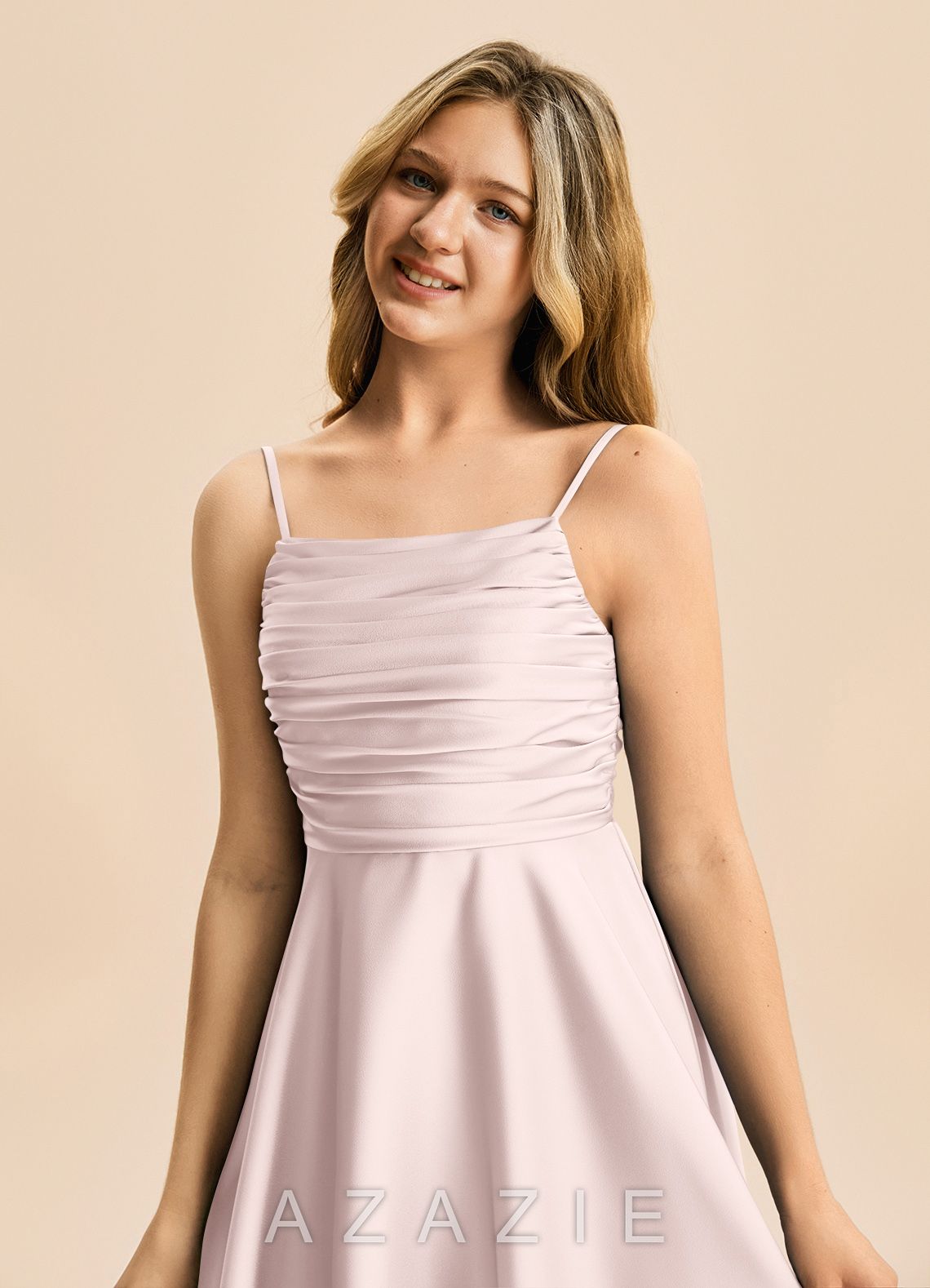 Azazie Miko Junior Blushing Pink A-Line Pleated Stretch Satin Dress blushing_pink