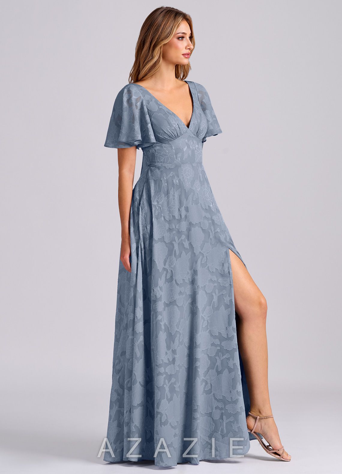 Azazie Kimber Dusty Blue A-Line with Pockets Floral Burnout Dress dusty_blue
