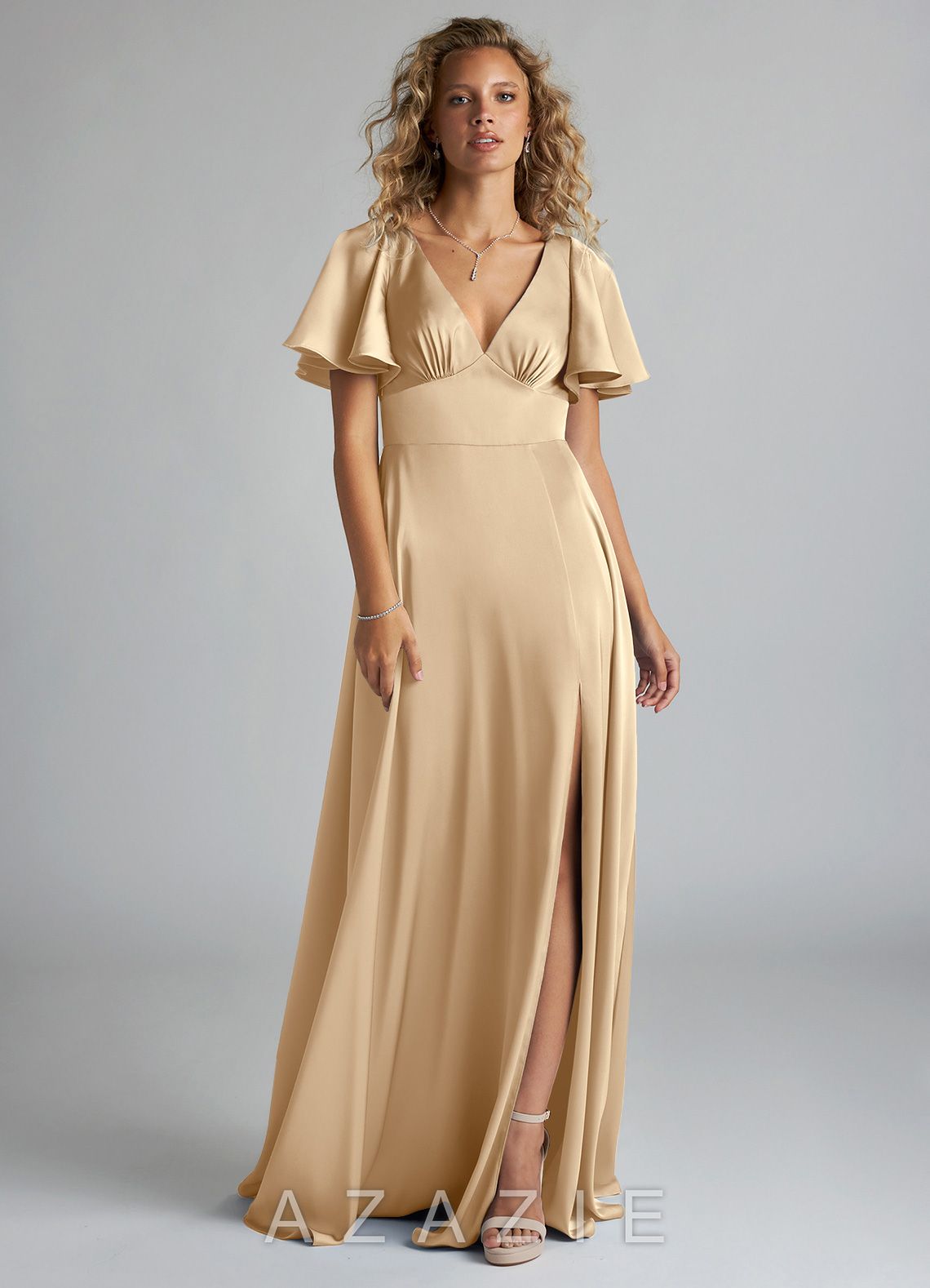 Azazie Kimber Champagne A-Line Ruched Stretch Satin Dress champagne