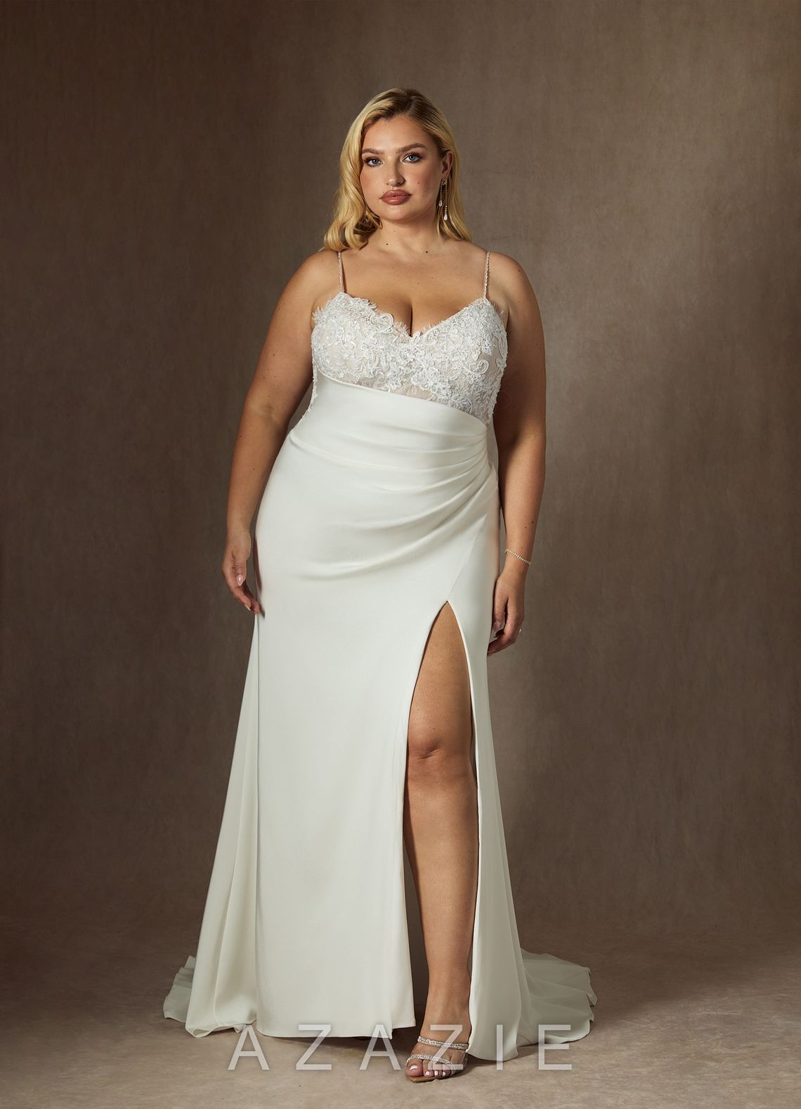 Azazie Nyx Wedding Dress Diamond White Mermaid V-Neck Sequins Stretch Satin Dress diamond_white