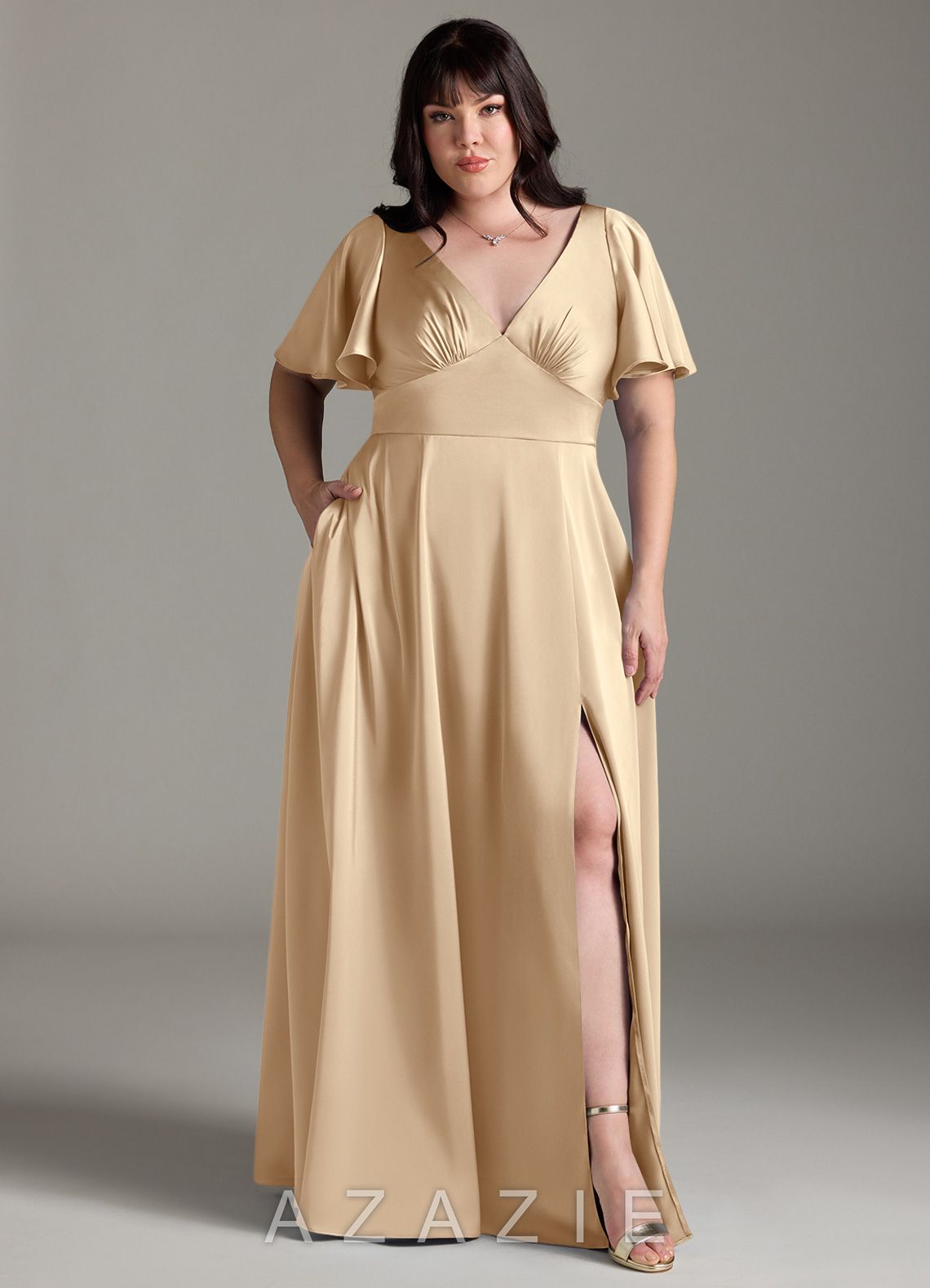 Azazie Kimber Champagne A-Line Ruched Stretch Satin Dress champagne