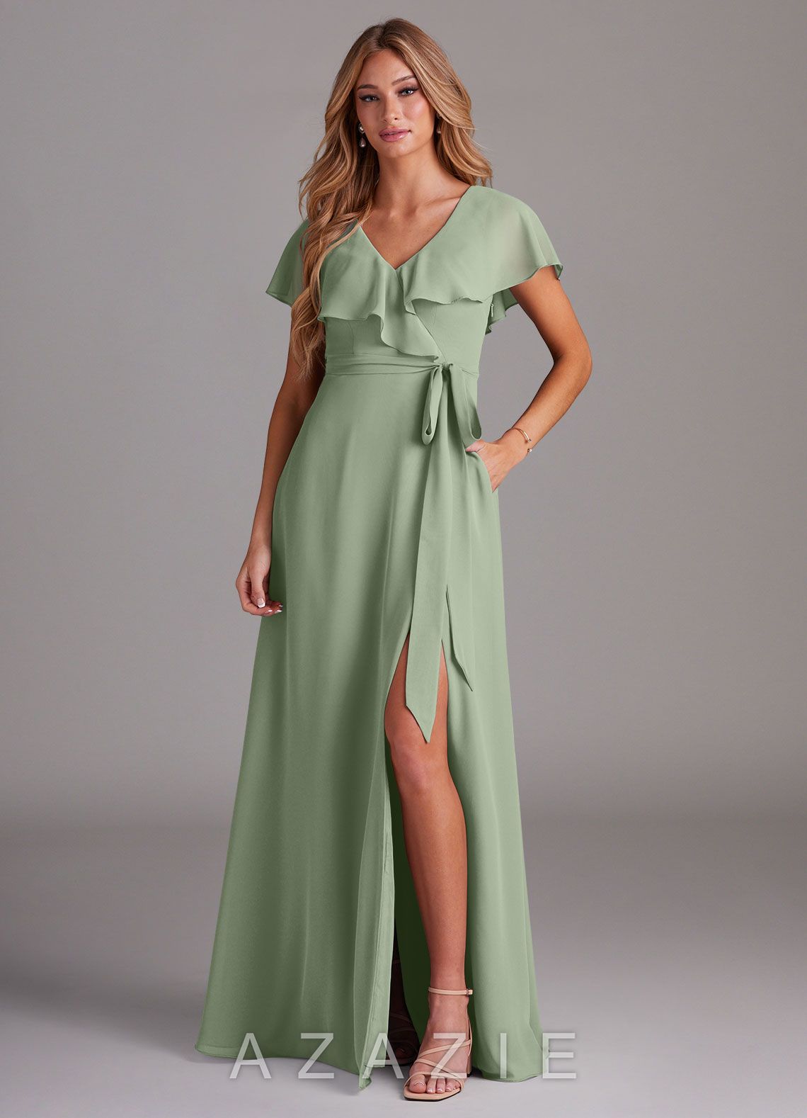 Azazie Lainey Dusty Sage A-Line with Pockets Chiffon Dress