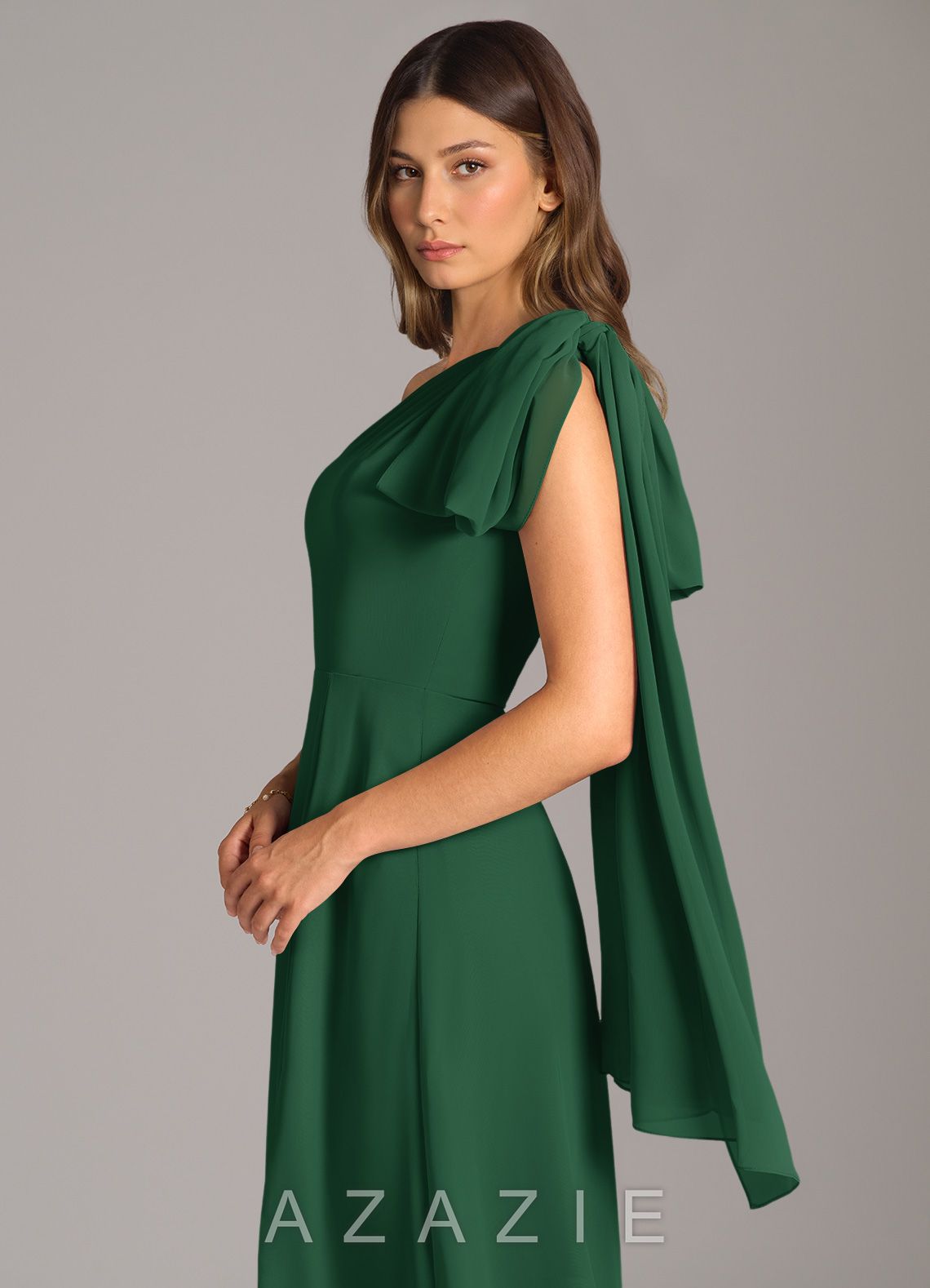 Azazie Tella Dark Green A-Line One Shoulder Chiffon Dress dark_green