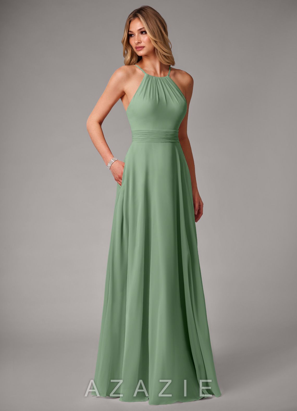Azazie Amalia Matcha A-Line Pleated Chiffon Dress matcha