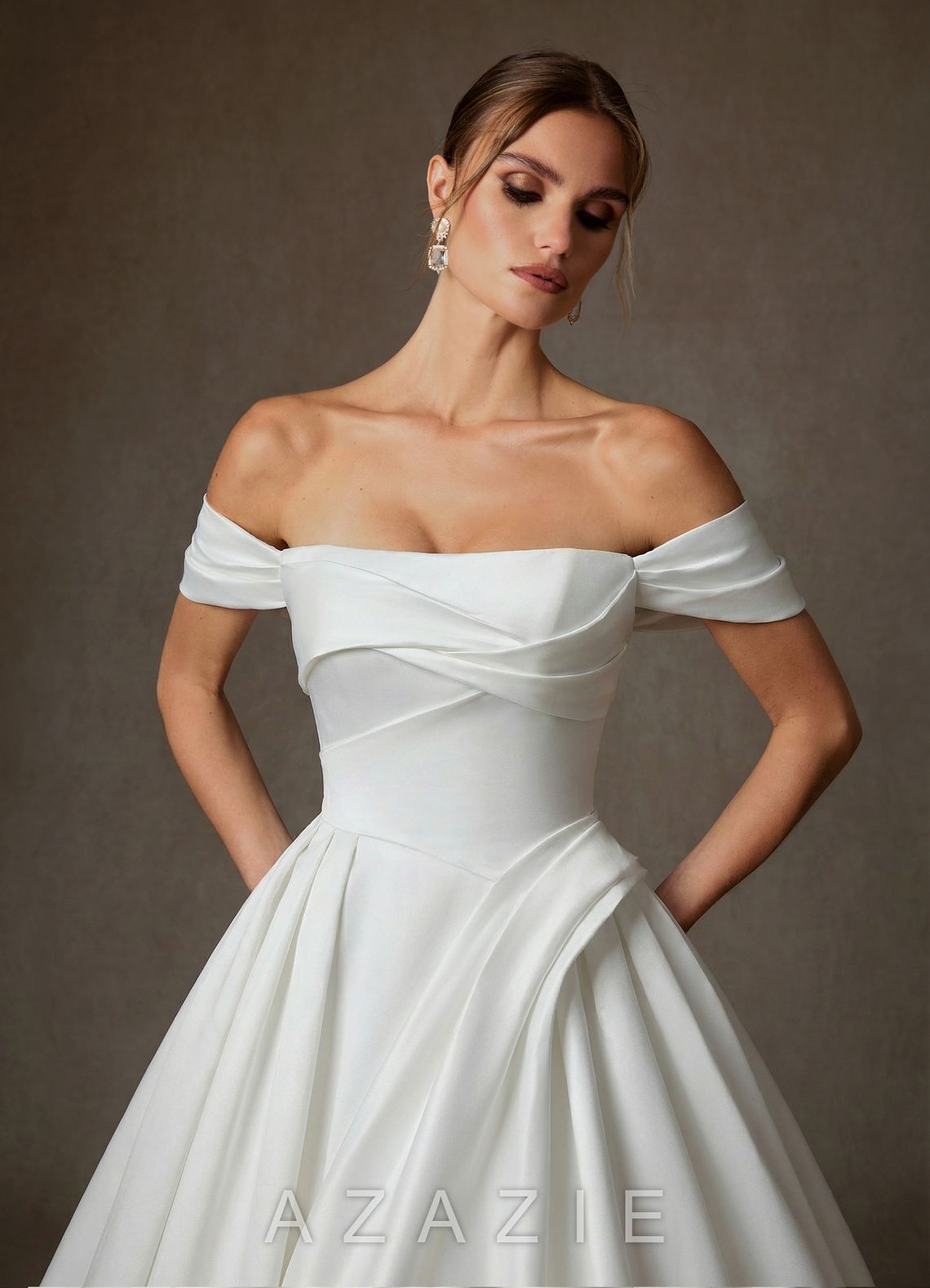 Azazie Suki Diamond White Ball-Gown Off the Shoulder Satin Dress