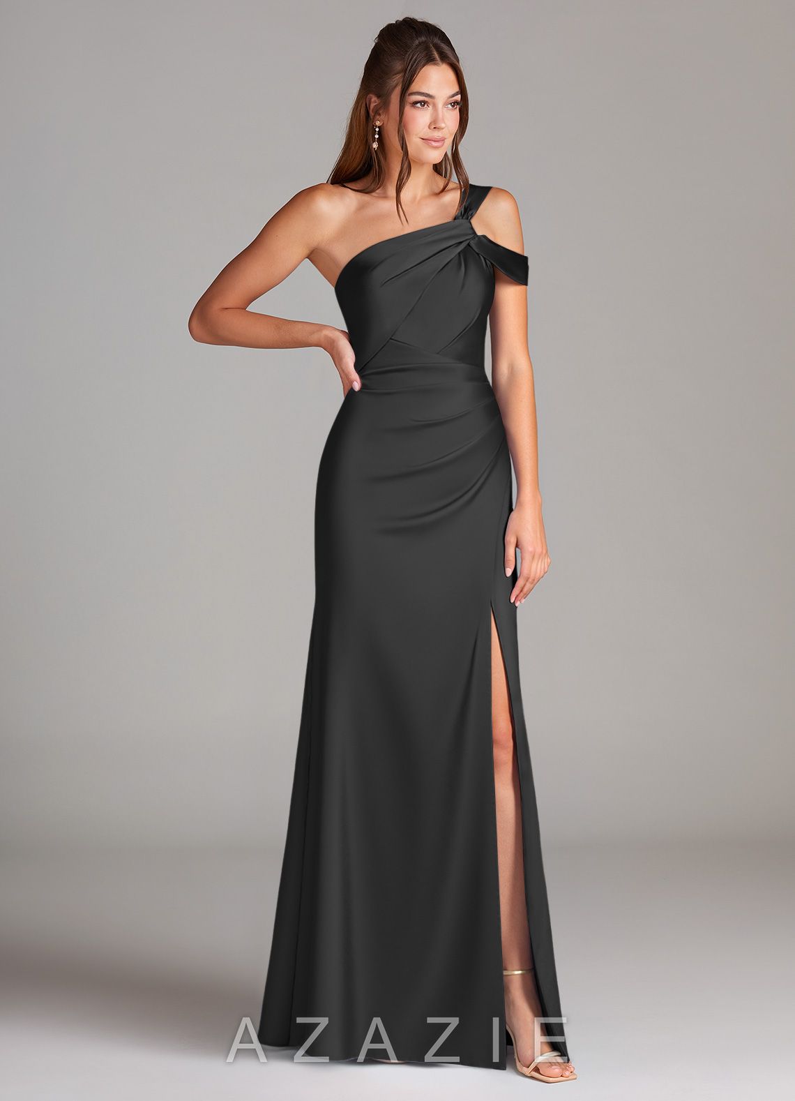 Azazie Wynter Black Sheath One Shoulder Stretch Satin Dress black