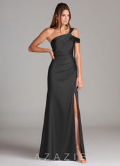 Azazie Wynter Black Sheath One Shoulder Stretch Satin Dress black