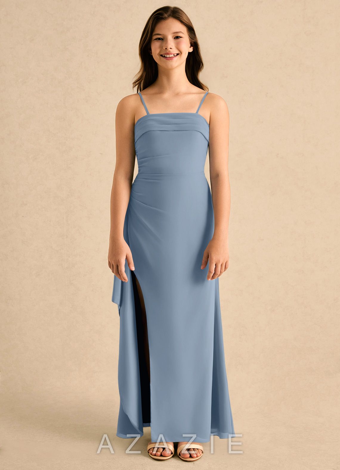 Azazie Jennie Girls Formal Dusty Blue A-Line Pleated Chiffon Dress dusty_blue