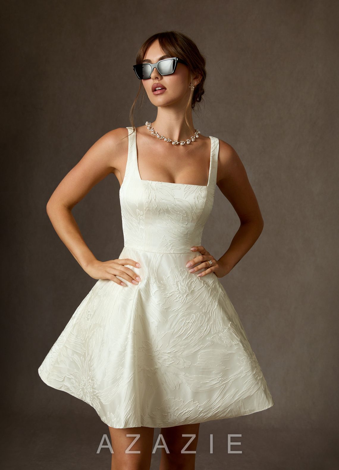Azazie Regina Antique White A-Line with Pockets Floral Jacquard Dress antique_white