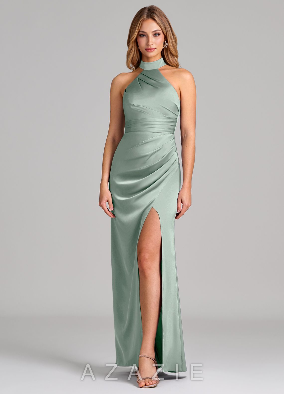 Azazie Karlotta Agave Sheath Pleated Stretch Satin Dress
