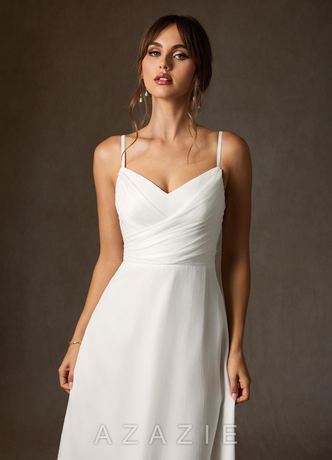 Azazie Kali Wedding Dress Diamond White A-Line V-Neck Pleated Crinkle Chiffon Dr