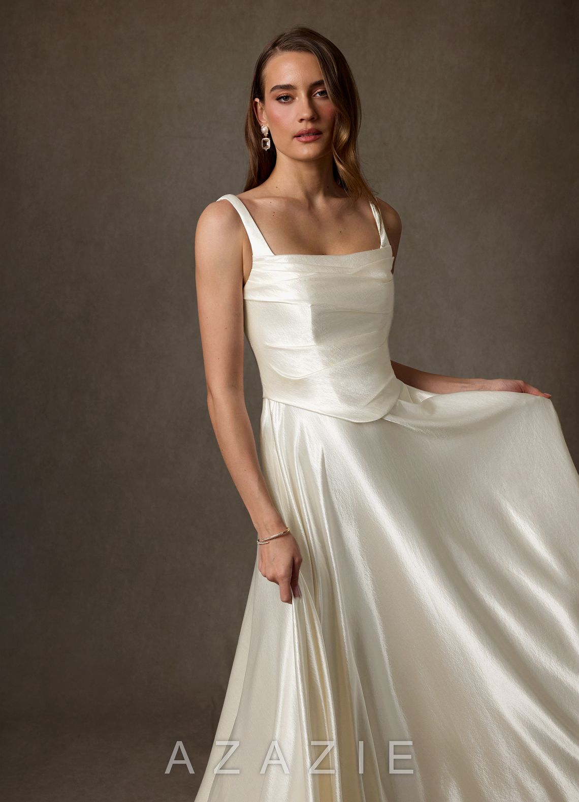 Azazie Samira Antique White A-Line Square Neckline Charmeuse Dress antique_white