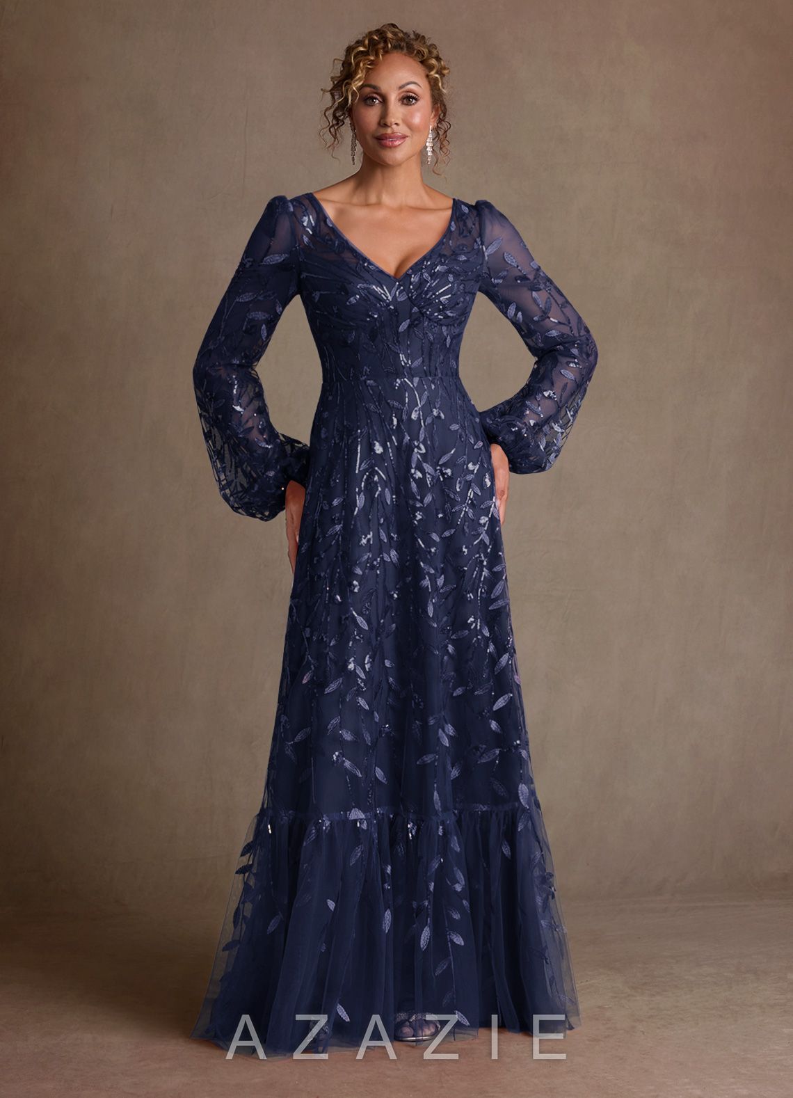 Azazie Mazie Dark Navy A-Line Lace Tulle Dress dark_navy