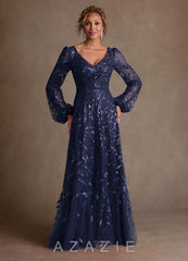 Azazie Mazie Dark Navy A-Line Lace Tulle Dress dark_navy