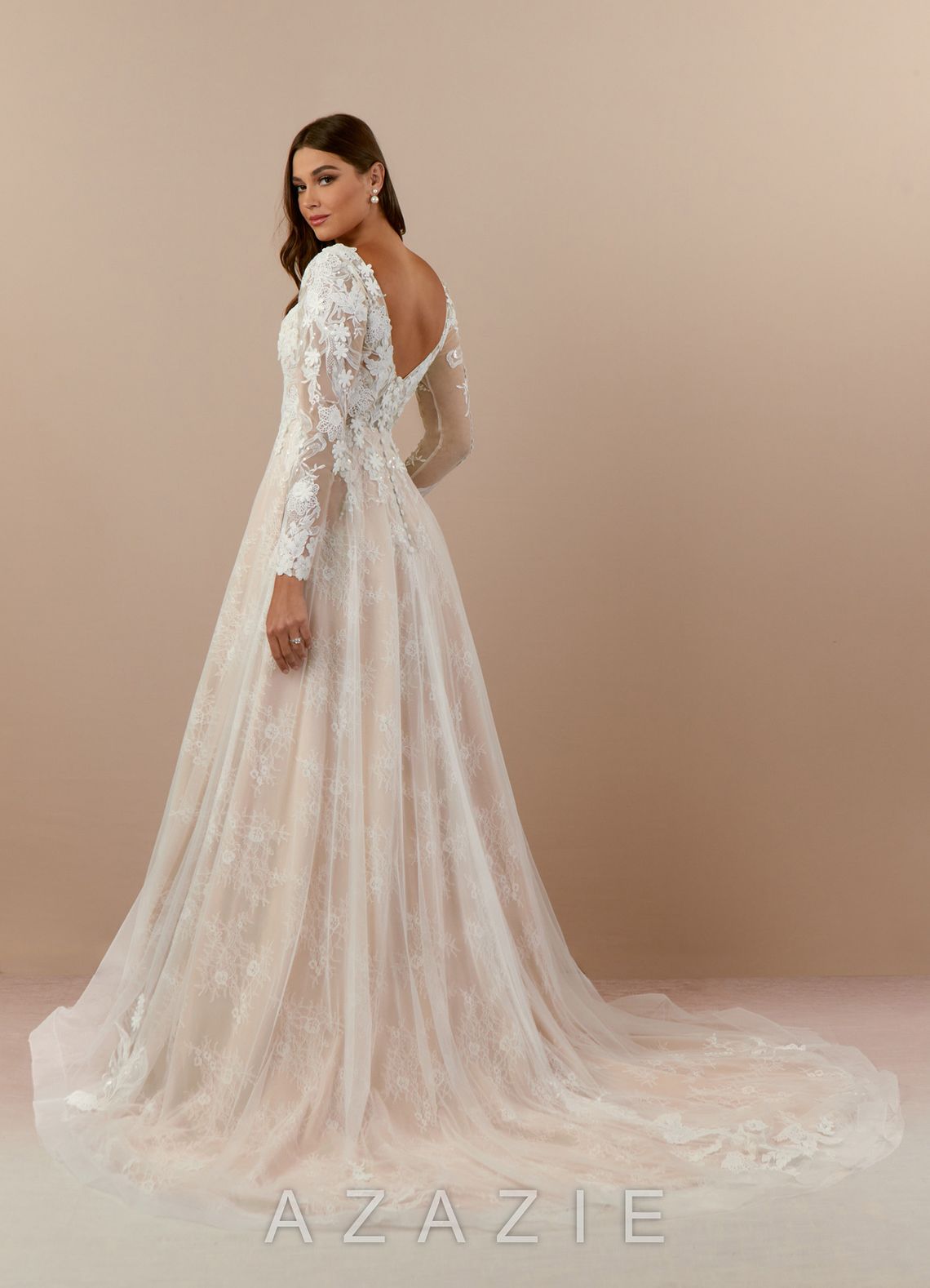 Azazie Leila Wedding Dress Diamond White Nude A-Line V-Neck Sequins Tulle Dress diamond_white/nude