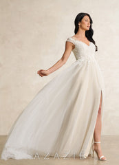 Azazie Bellisima Wedding Dress Diamond White Champagne A-Line V-Neck Tulle Dress