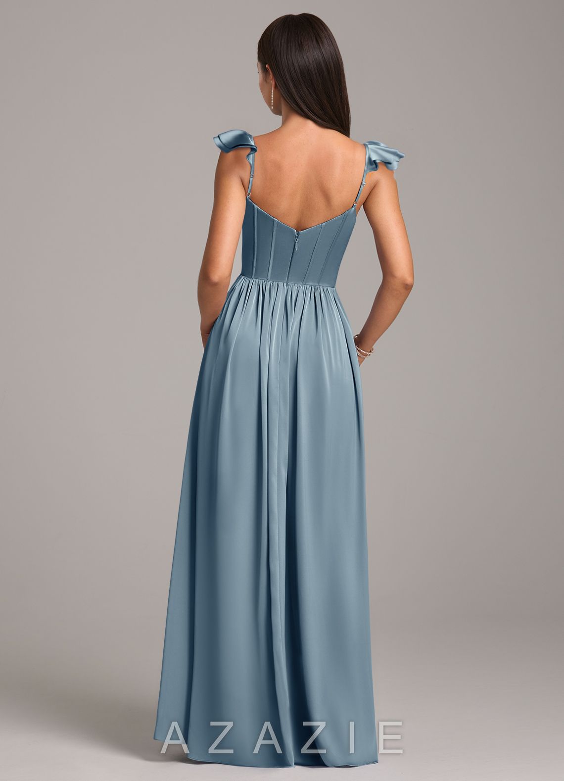 Azazie Denisse Dusty Blue A-Line Ruched Stretch Satin Dress dusty_blue