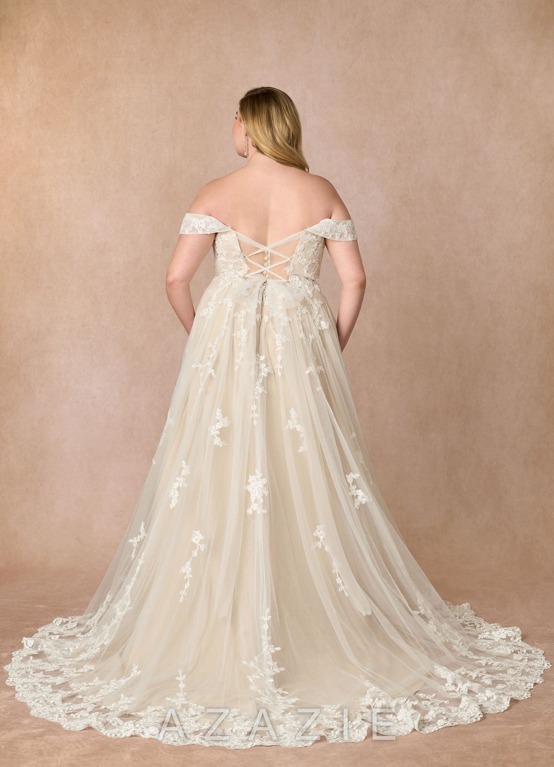 Azazie Botanica Wedding Dress Diamond White Champagne A-Line Off the Shoulder Tulle Dress diamond_white/champagne