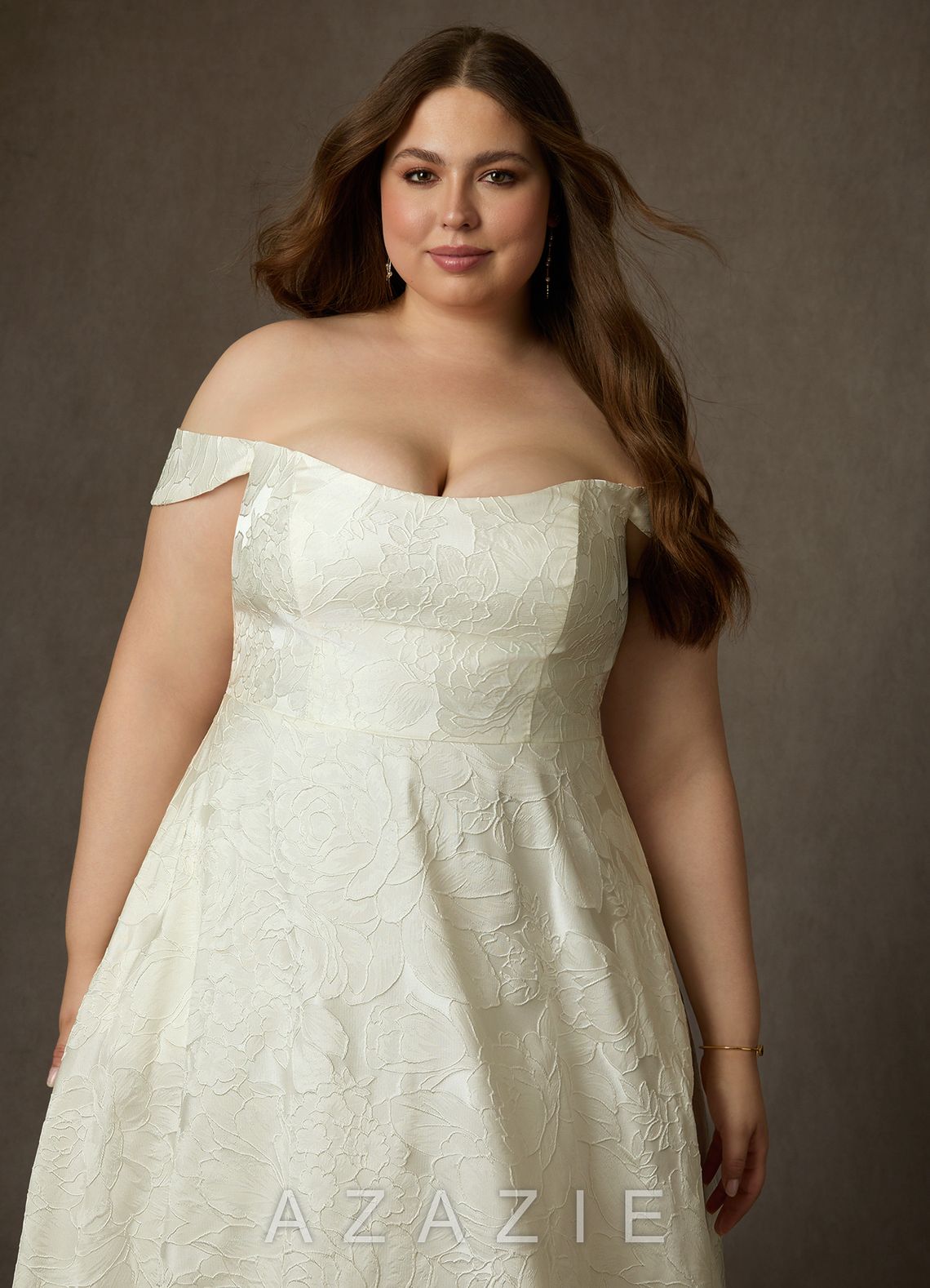 Azazie Amaya Antique White Ball-Gown Strapless Floral Jacquard Dress antique_white