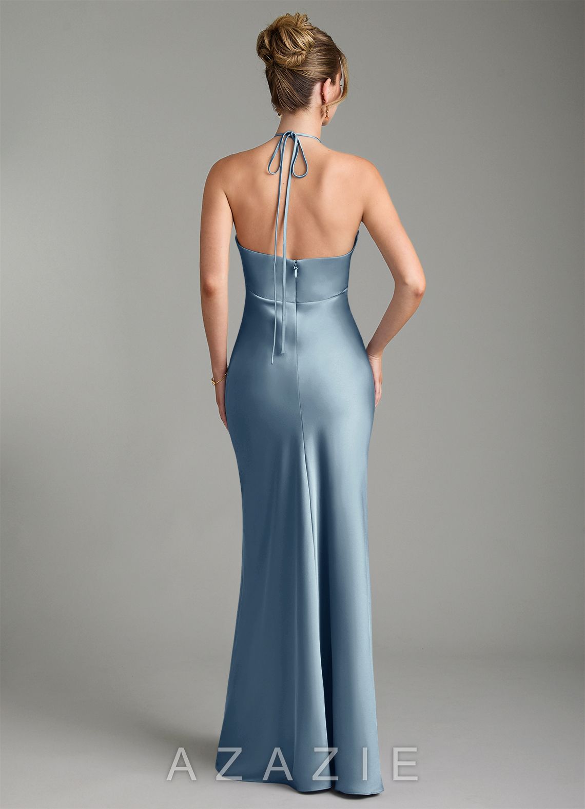 Azazie Camille Dusty Blue Sheath Side Slit Stretch Satin Dress dusty_blue