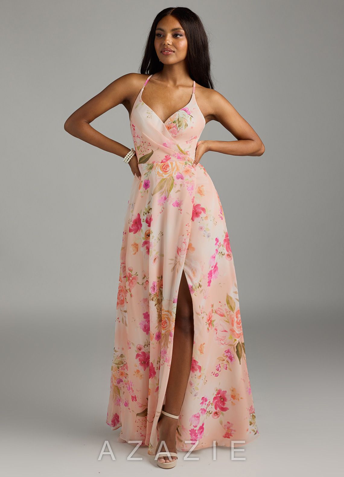Azazie Davis Abstract Bouquet Floral A-Line V-Neck Chiffon Dress