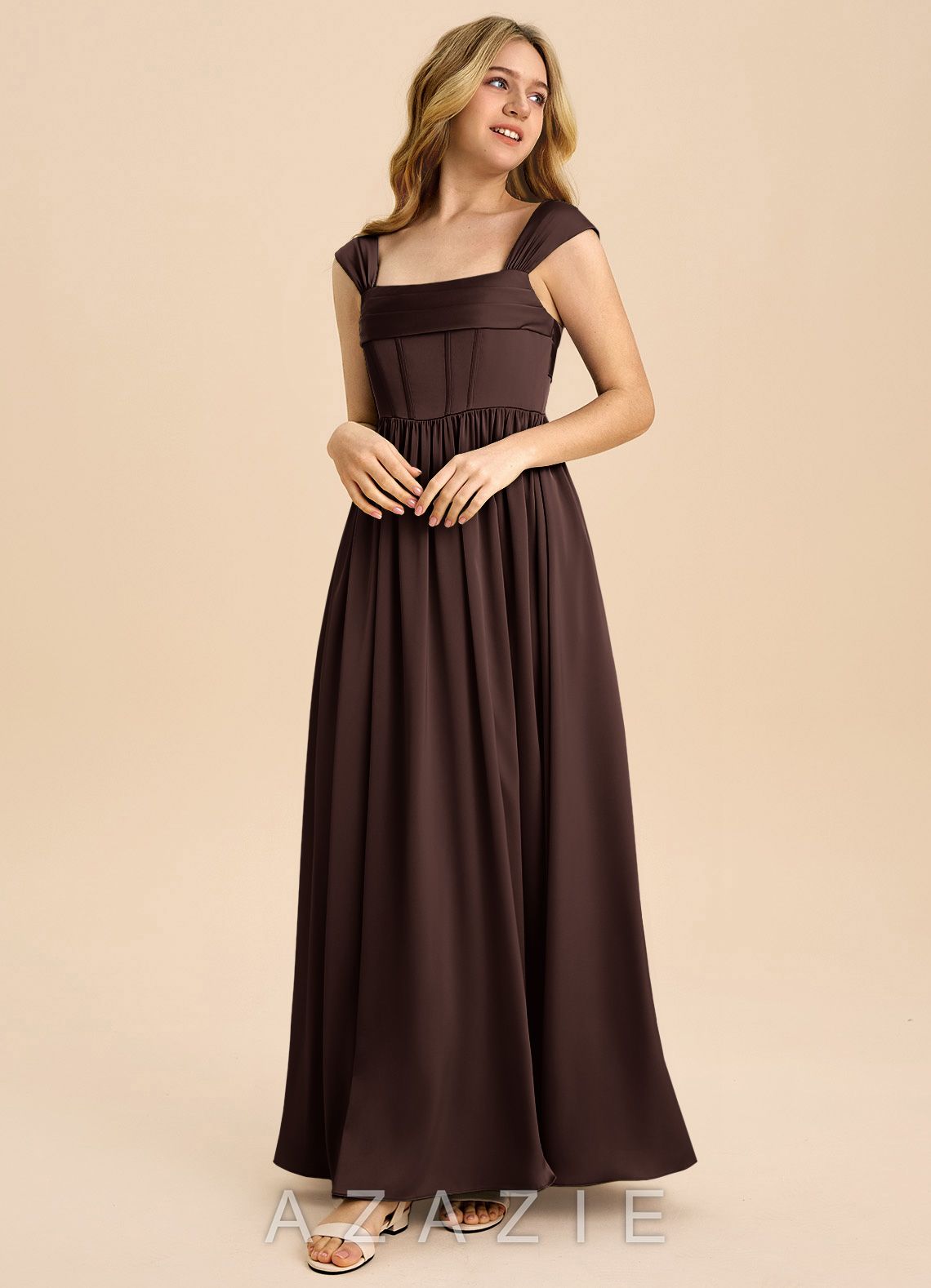 Azazie Hattie Junior Ganache A-Line Pleated Stretch Satin Dress
