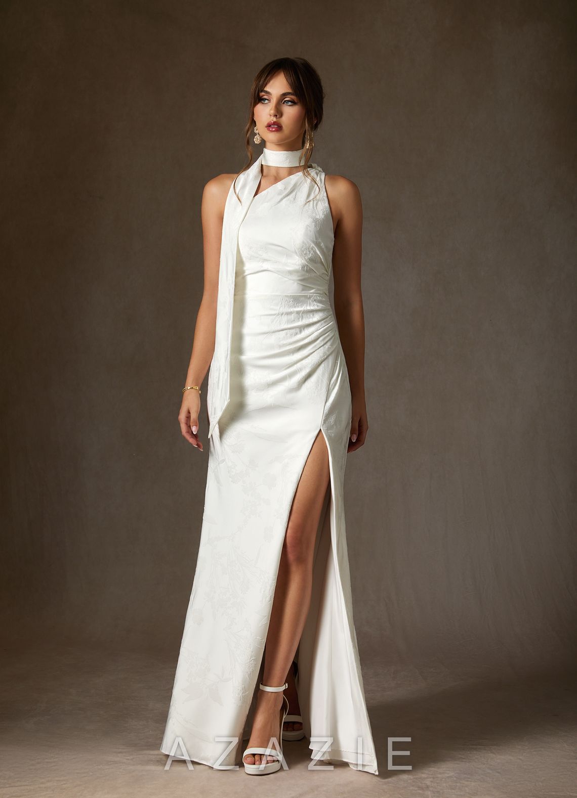 Azazie Misty Diamond White Sheath One Shoulder Floral Jacquard Dress diamond_white