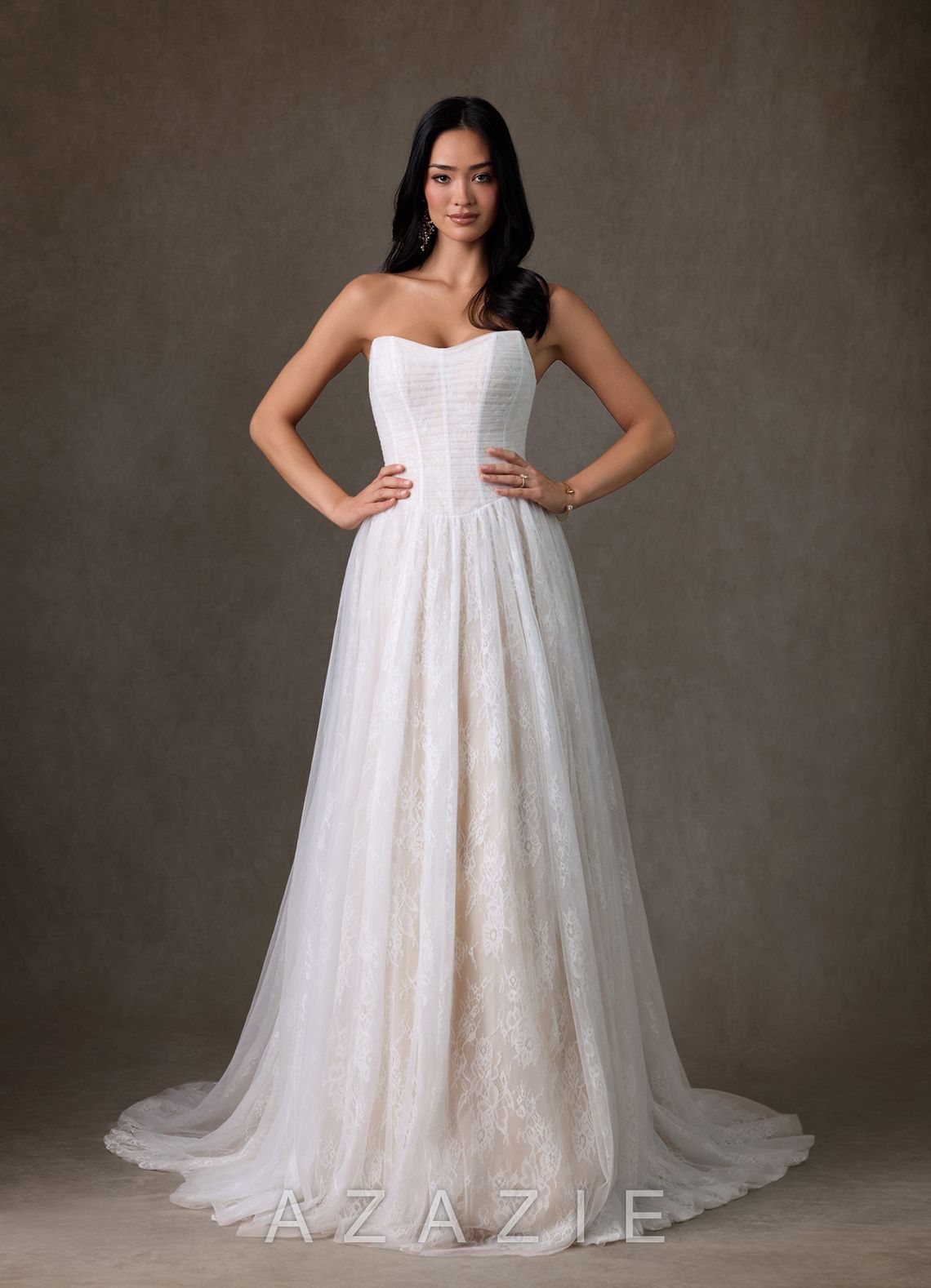 Azazie Adriana Diamond White Champagne A-Line Strapless Lace Dress