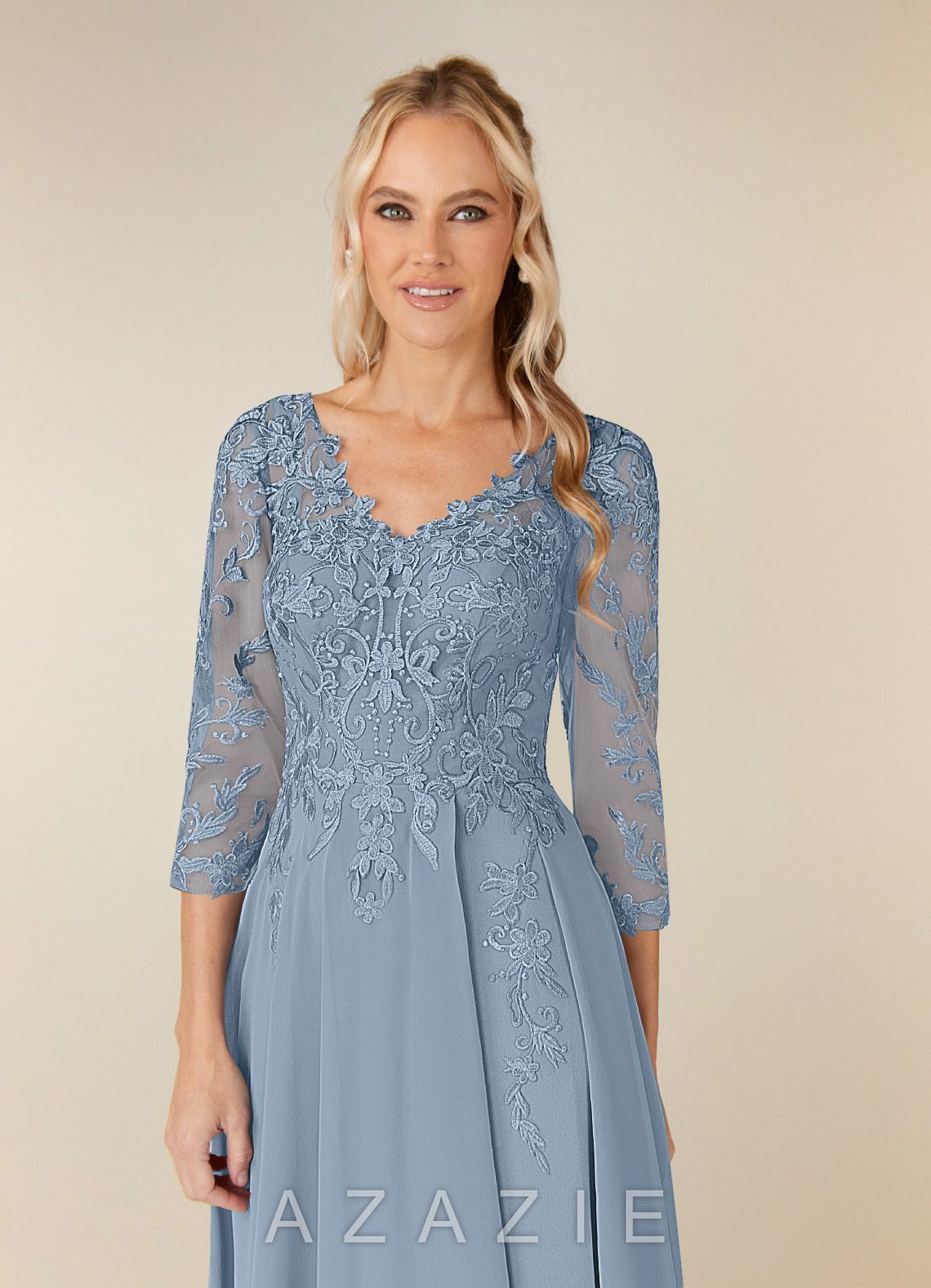 Azazie Noella Dusty Blue A-Line V-Neck Lace Chiffon Dress dusty_blue