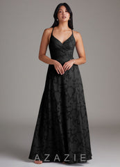 Azazie Davis Black A-Line Pleated Floral Burnout Dress black