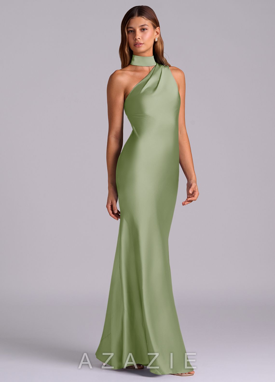 Azazie Seona Dusty Sage Mermaid One Shoulder Stretch Satin Dress dusty_sage
