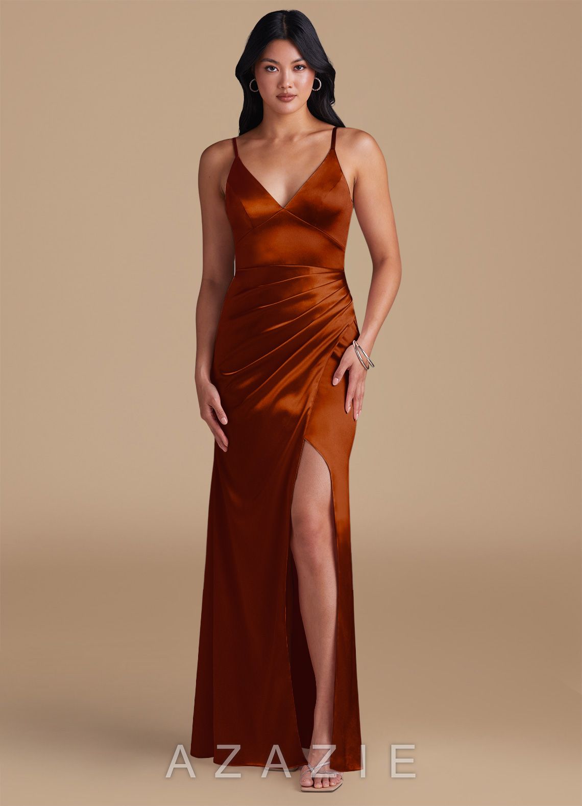 Azazie Shania Auburn Sheath Pleated Metallic Satin Dress