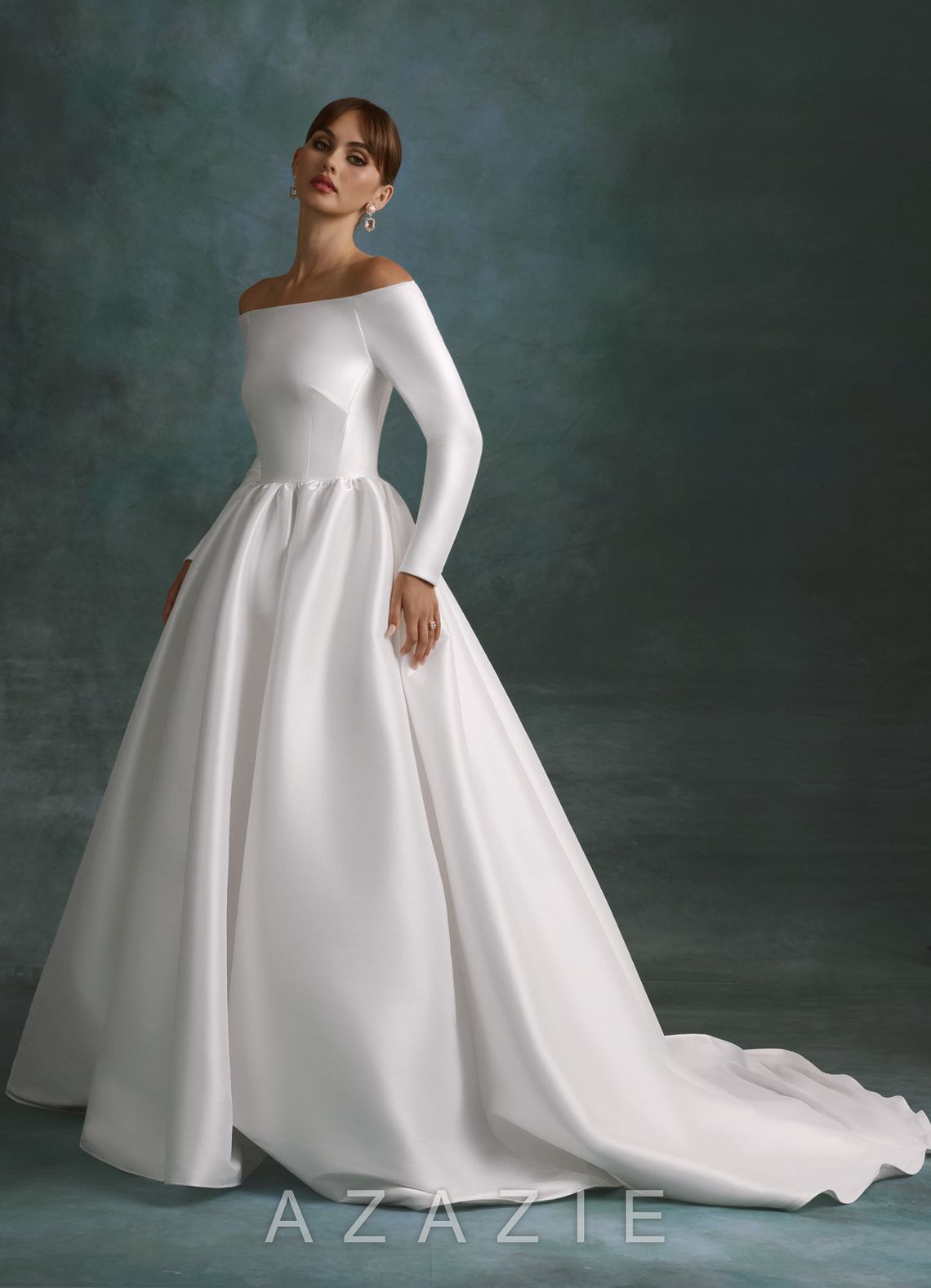 Azazie Cerese Diamond White Ball-Gown Off the Shoulder Mikado Dress diamond_white