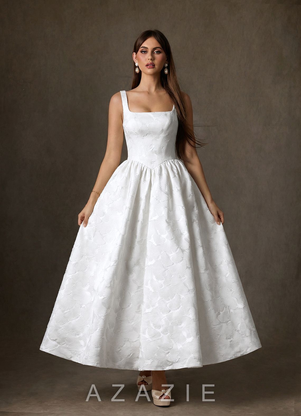 Azazie Verina Diamond White A-Line with Pockets Floral Jacquard Dress