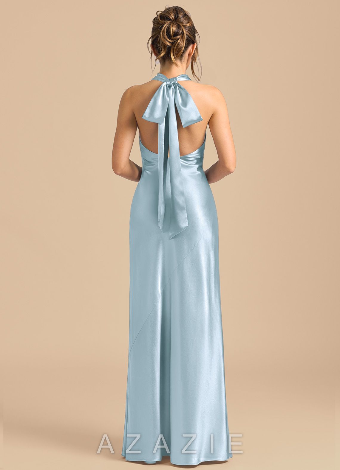 Azazie Velli Sky Blue Sheath High Neck Metallic Satin Dress sky_blue