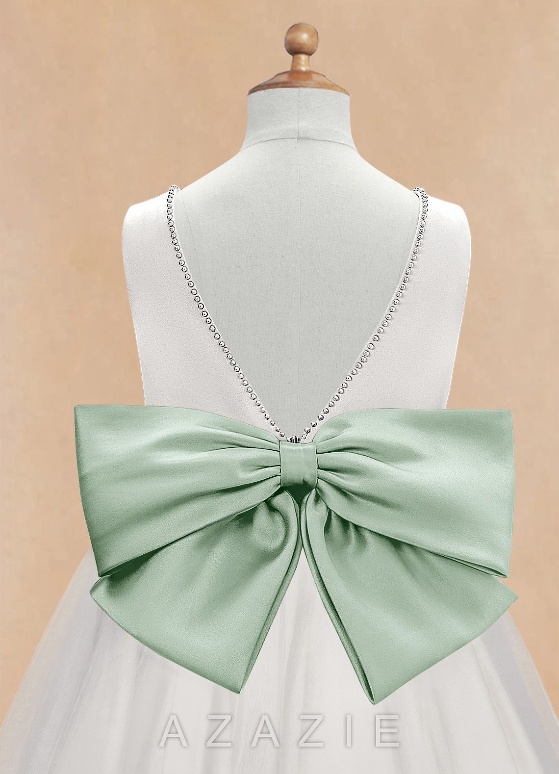 Azazie Seline Ivory Agave A-Line Bow Tulle Dress ivory/agave