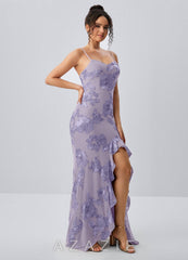 Ivelisse Pale Purple Floral Trim High Slit Maxi Dress