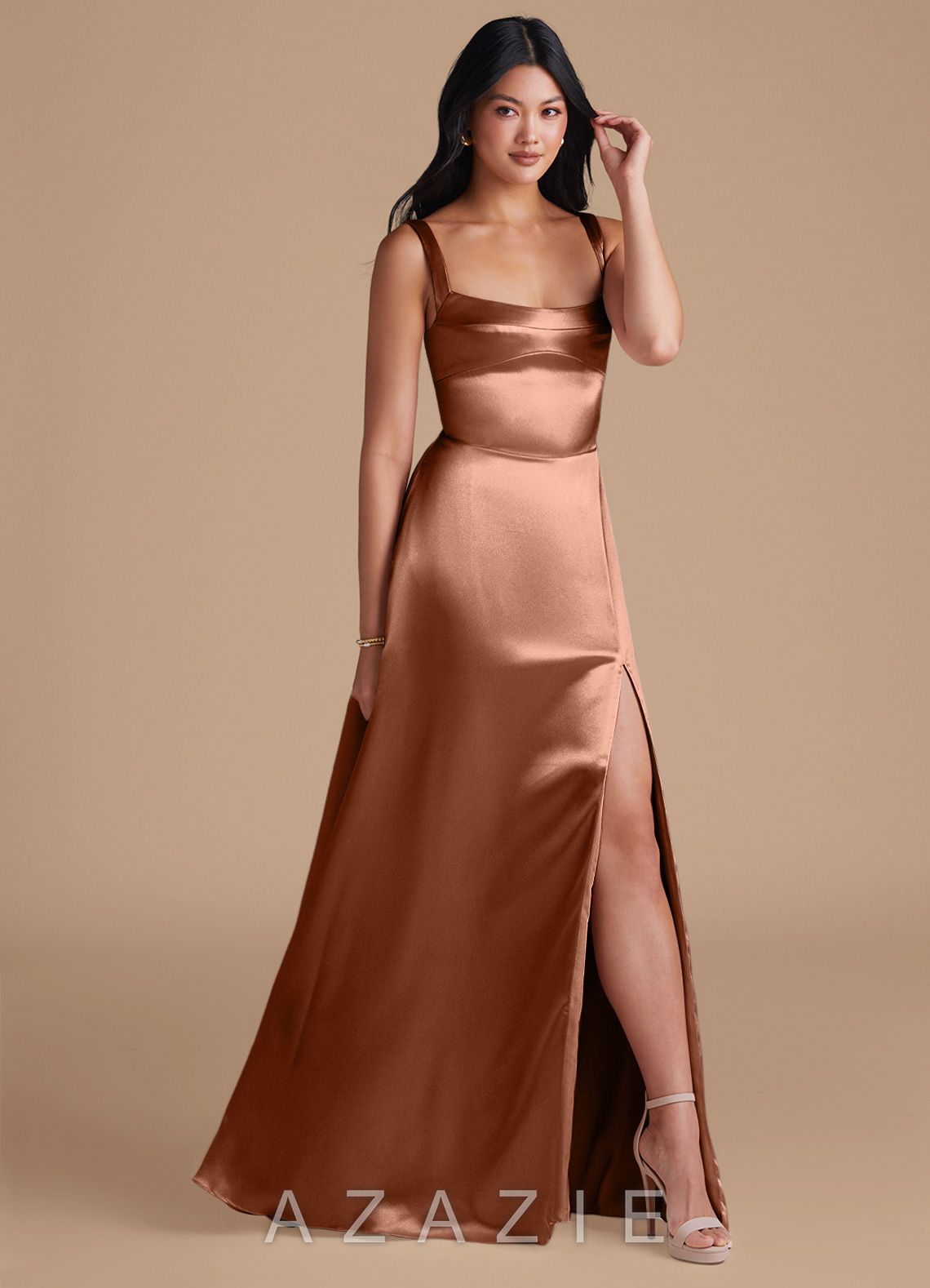 Azazie Hope Bronzer A-Line with Pockets Metallic Satin Dress