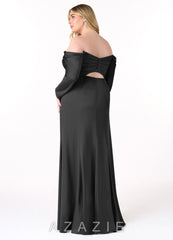 Azazie Hallie Black Mermaid Off-The-Shoulder Long Sleeve Stretch Satin Convertible Dress black