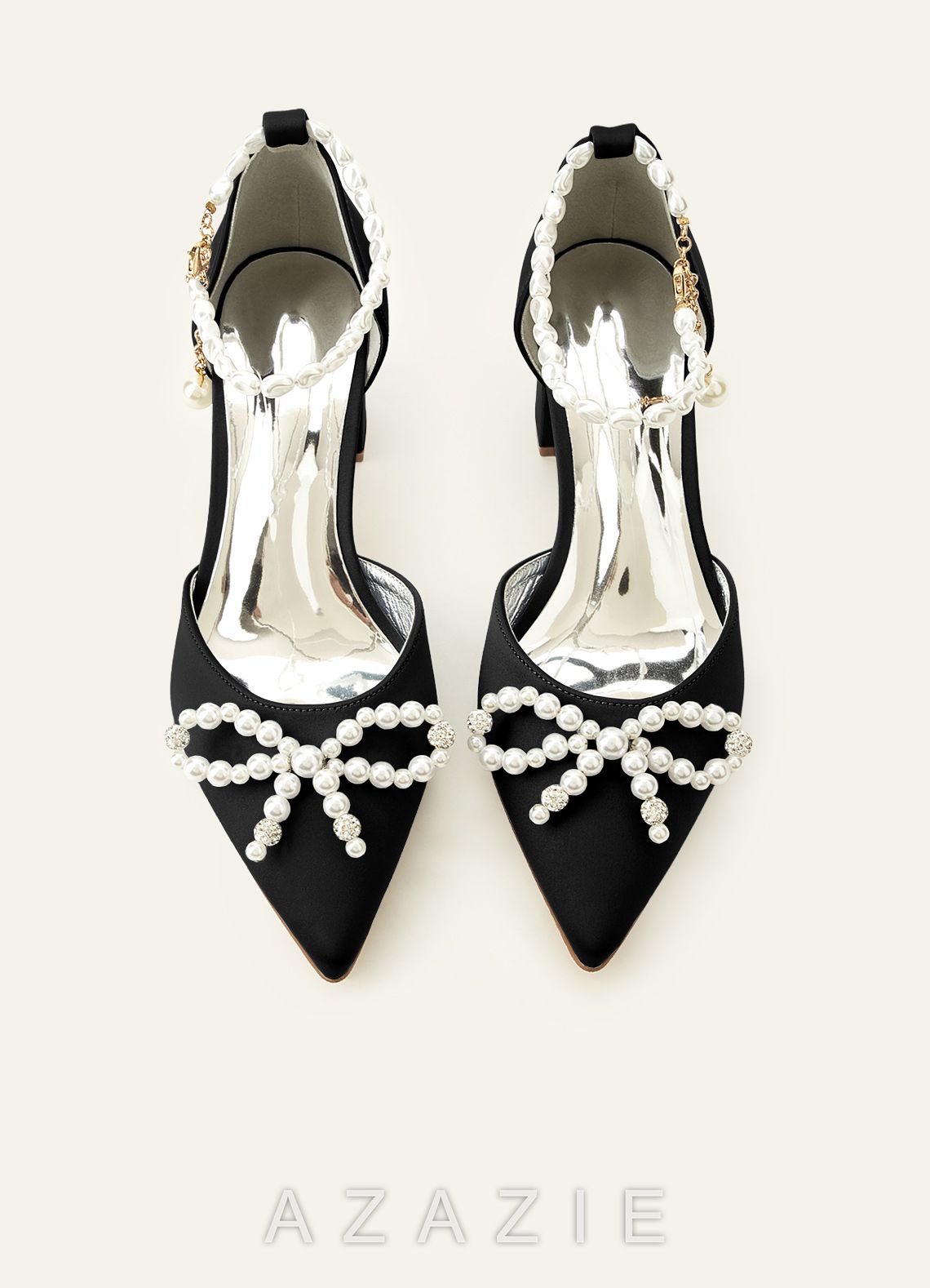 Matching Color Pearl Embellished Pointed Toe Matte Satin Block Heel Pumps Bow We