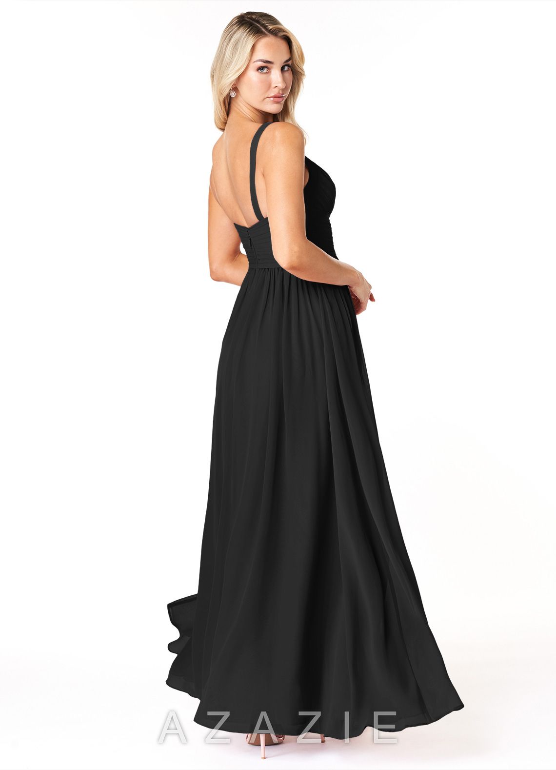 Azazie Chanel Black A-Line Pleated Chiffon Dress black