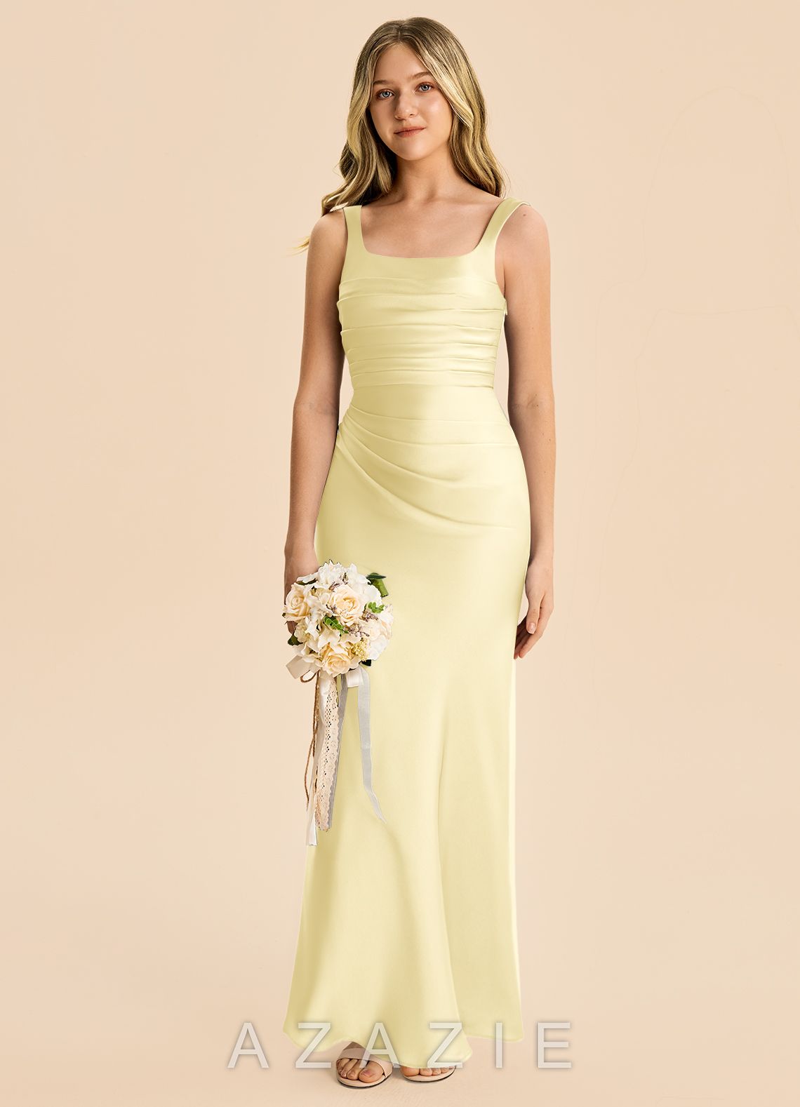 Azazie Agustina Junior Lemon Sorbet Sheath Pleated Stretch Satin Dress lemon_sorbet