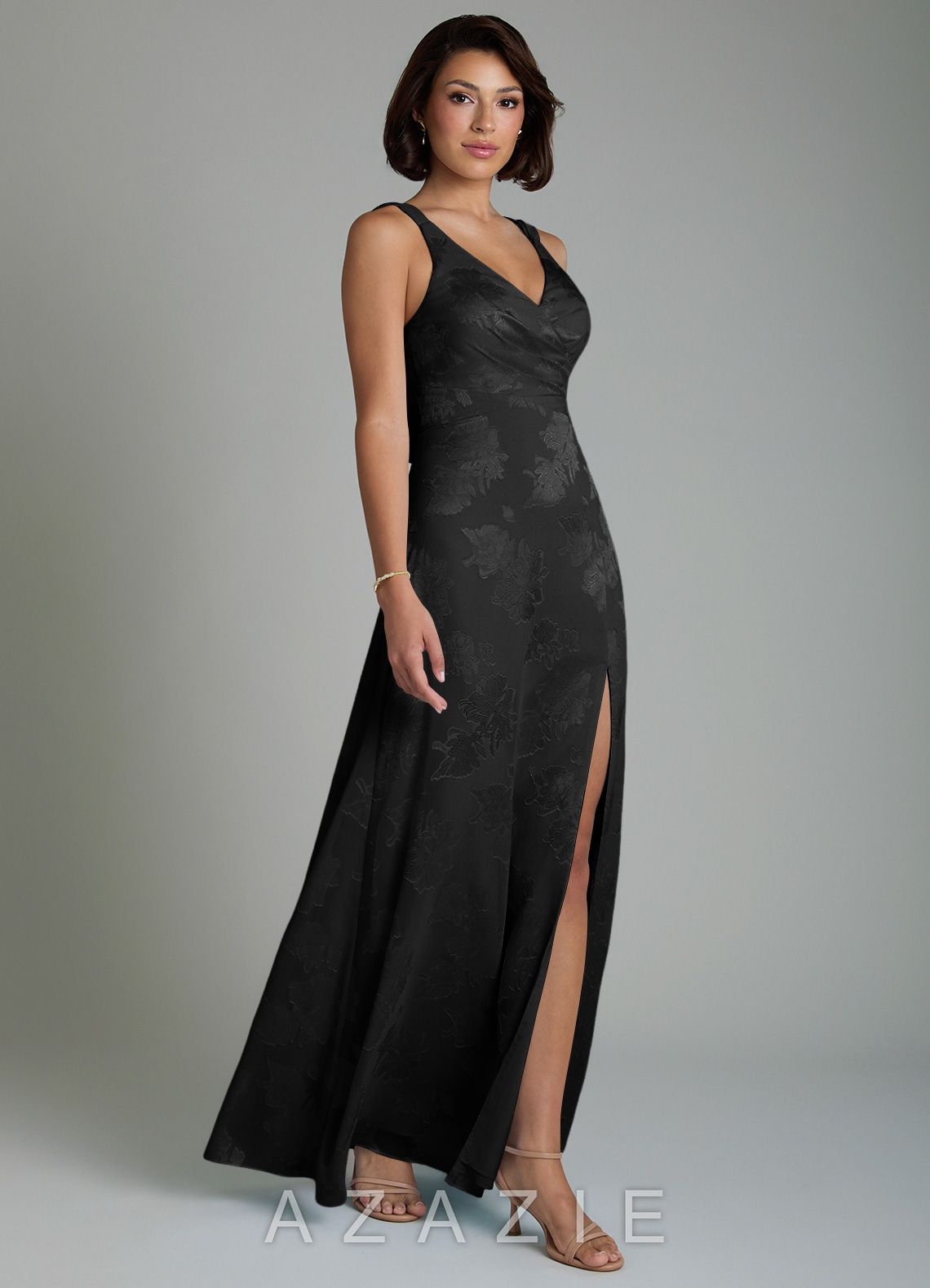 Azazie Aria Black A-Line Pleated Floral Jacquard Burnout Dress black