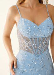 Faustine Sky Blue Beading Sequins Lace Up Back Mini Dress