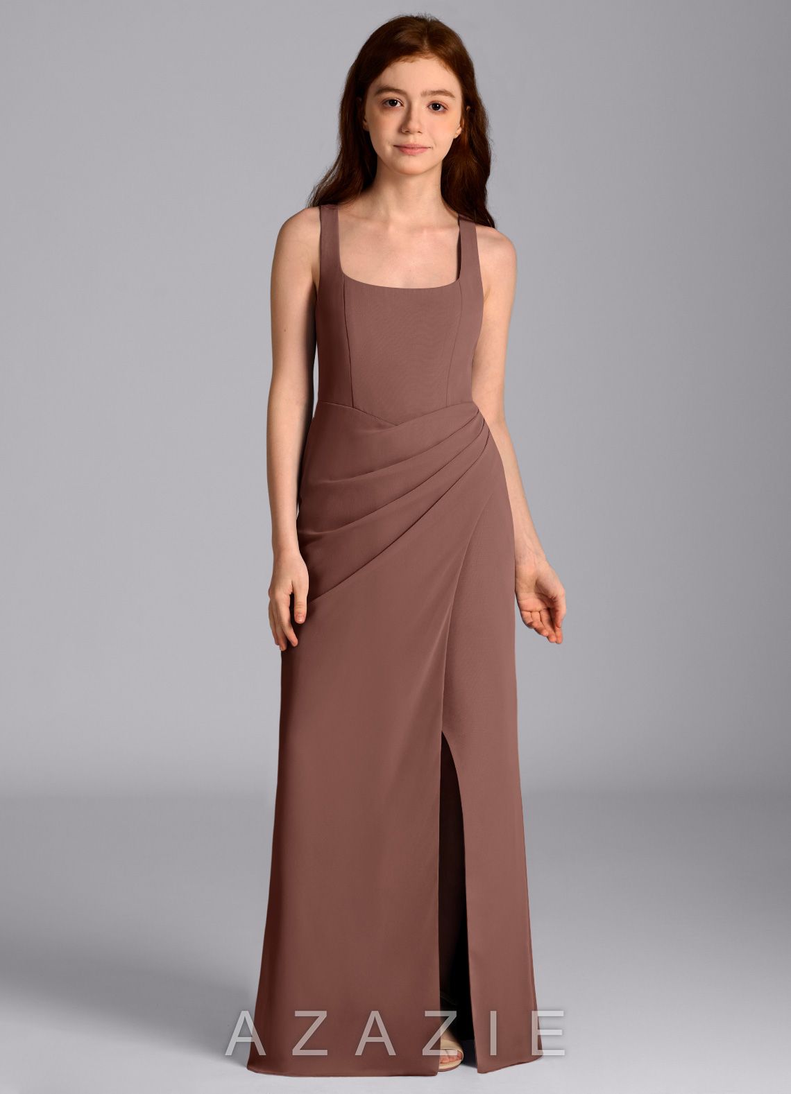 Azazie Mero Junior Espresso Mermaid Pleated Chiffon Dress espresso