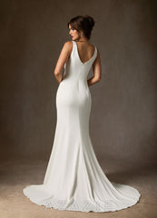 Azazie Daira Wedding Dress Diamond White Mermaid Scoop Pleated Crepe Back Satin Dress diamond_white